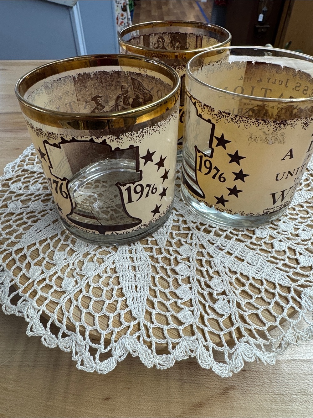 Vintage 1976 Liberty Bell Decorative Glass Tumblers - Amber Accents - Set Of 3